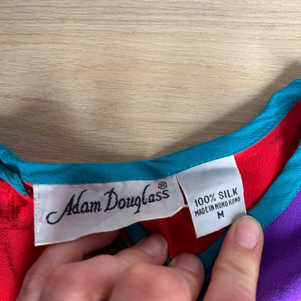Vintage 100% Silk 80s Colorful Adam Douglass Blouse - Picture 2 of 3